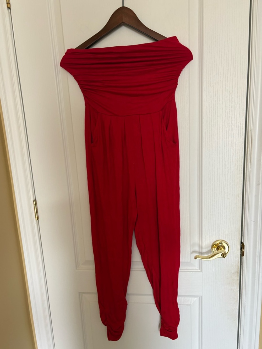 Heart Hips Bright Red Off-Shoulder Jumpsuit with Side Pockets